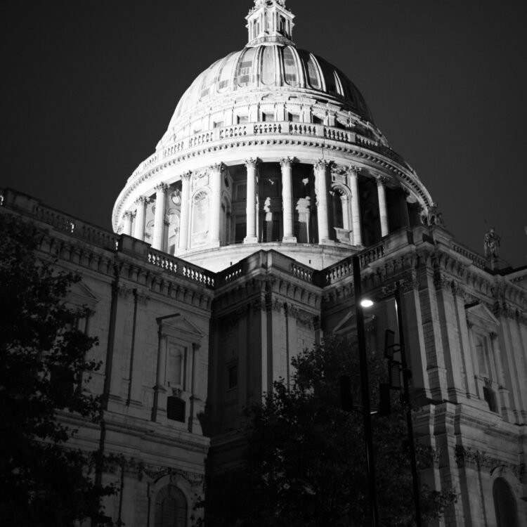 Black and white photo of St Paul’s Cathedral dome in London at night – fine art architectural print