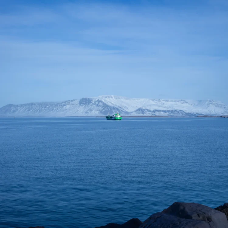Sun Voyager Iceland print showing snowy mountain and calm sea